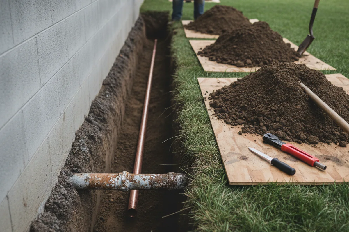 Excavated water line trench during Water Softener Installation in Pomona Park
